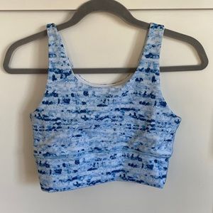 Blue pattern DYI soulcycle bra size “large” but fits like a small or size 2-4.